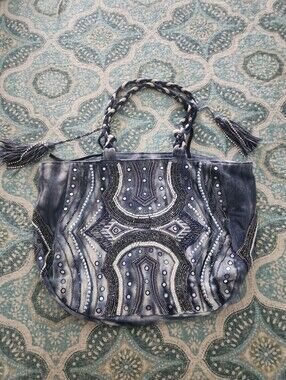 RARE Guadalupe Beaded Embroidered Boho Blue Tie dye Canvas Weekend Tote Bag